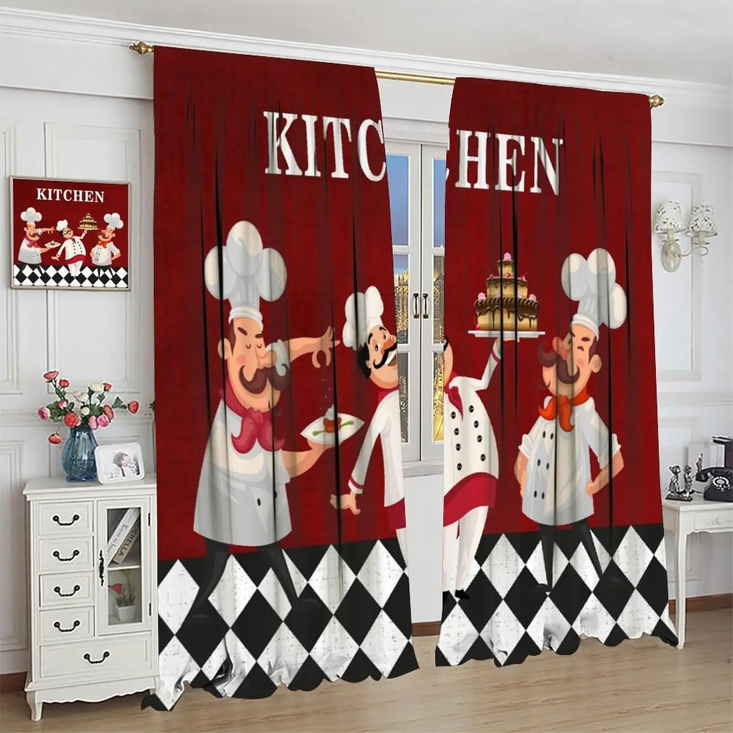 Chef Window Curtains, Fat Chef Cook Theme Curtains for Bedroom & Living Room, Red & Black Buffalo Check Plaid Kitchen Drape