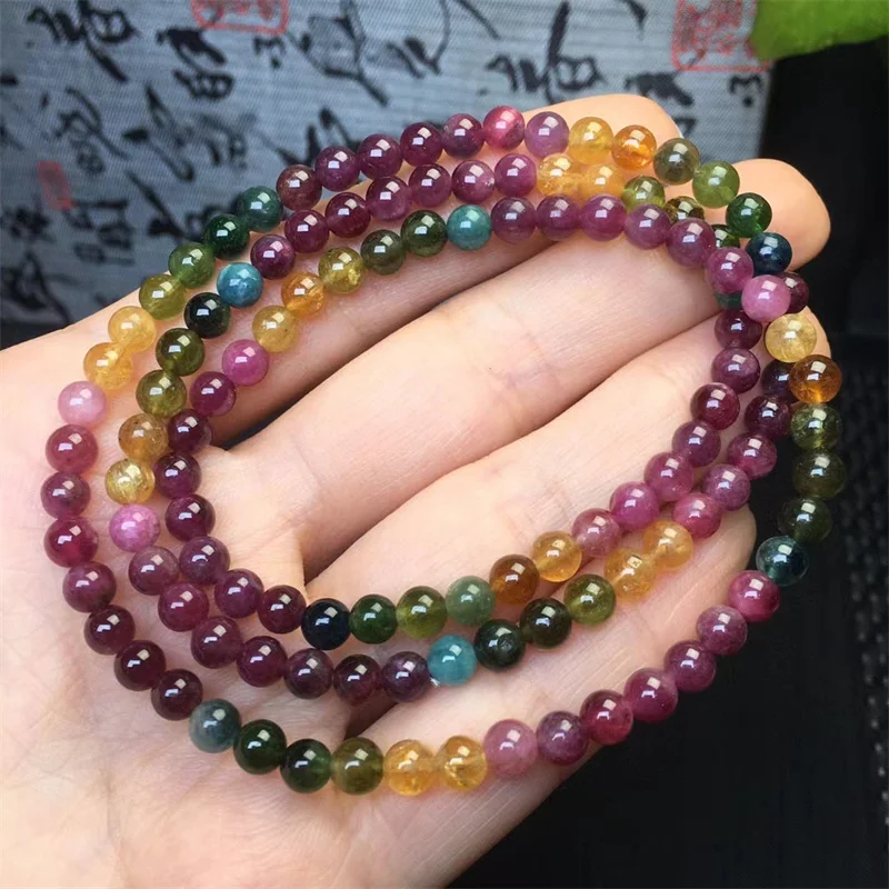 Natural Tourmaline Triple Circle Bracelet Bead Stretch Healing Reiki Gemstone Birthday Present 1PCS 5MM