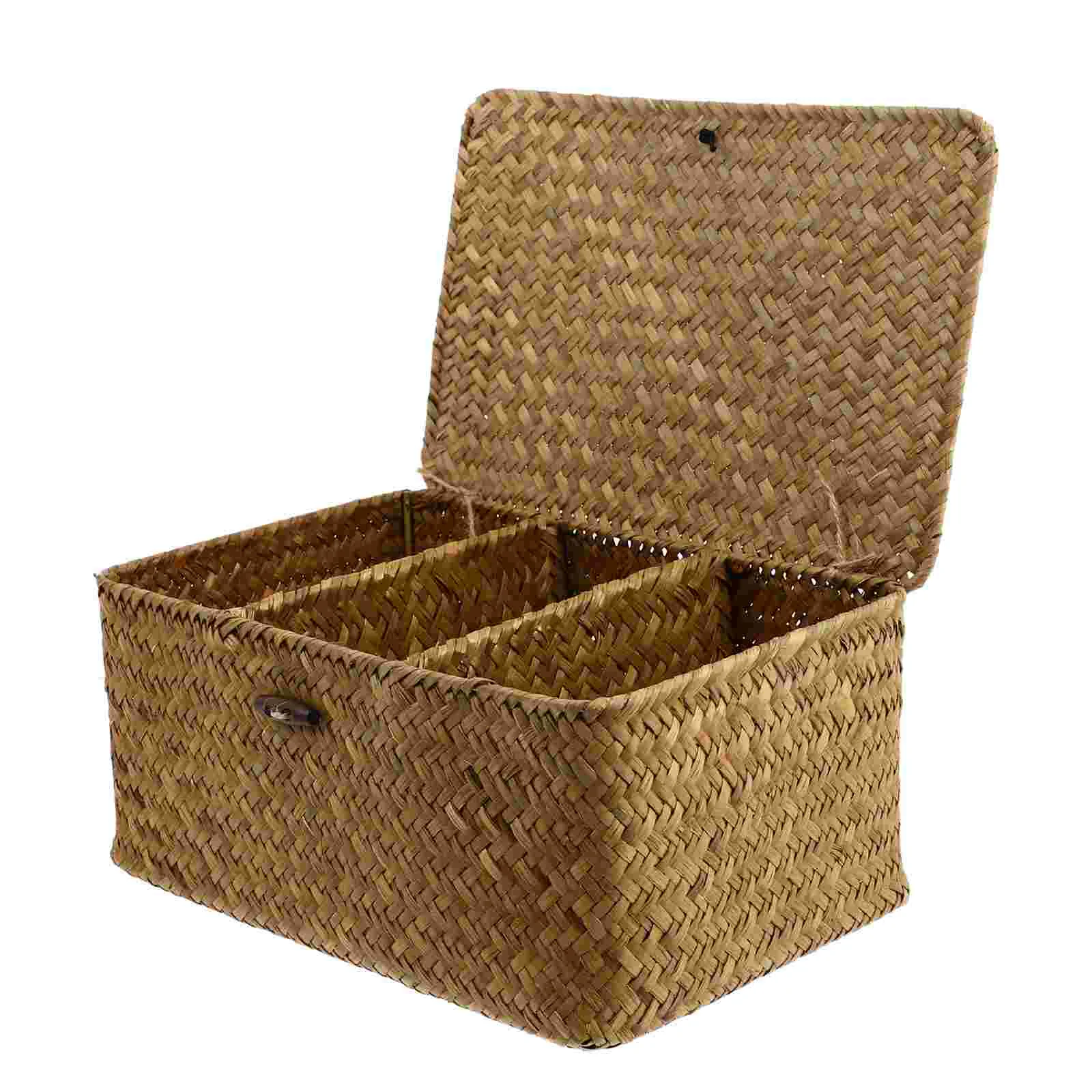 

Three Grid Storage Basket Large with Lid Woven Baskets for Bins Pastoral Style Straw Simple Sundries Wicker