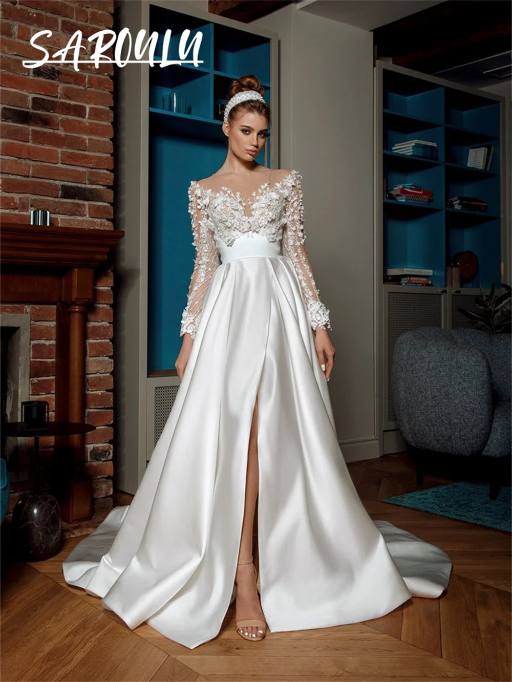 Ricamo in pizzo 3D una linea abito da sposa maniche lunghe Illusion gonna in raso fessura anteriore abito da sposa collo trasparente abito da sposa