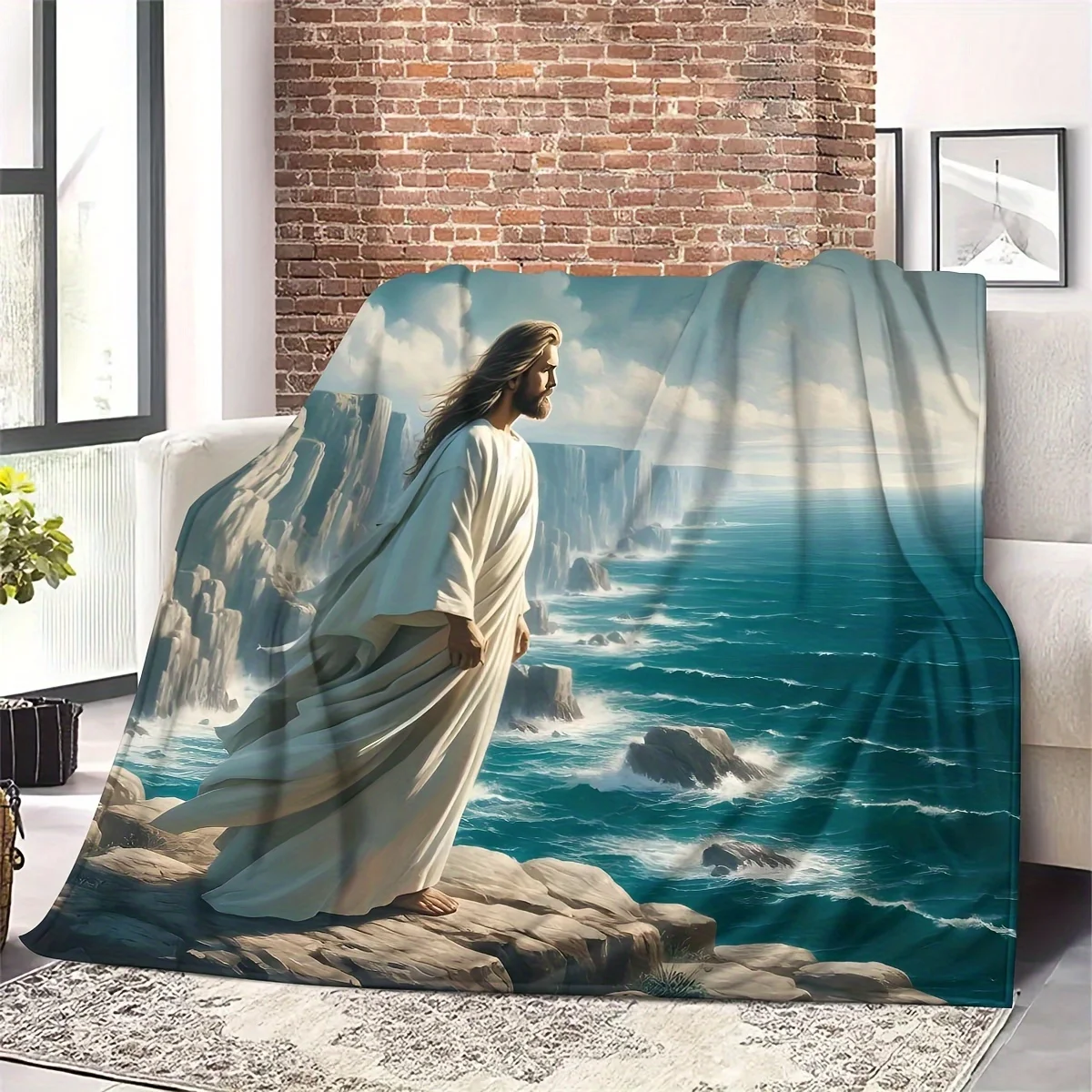 Cozy Jesus on the Coast Print Flannel Throw Blanket - Versatile for All Seasons, Perfect for Couch,, Office & Camping Gifts, Con