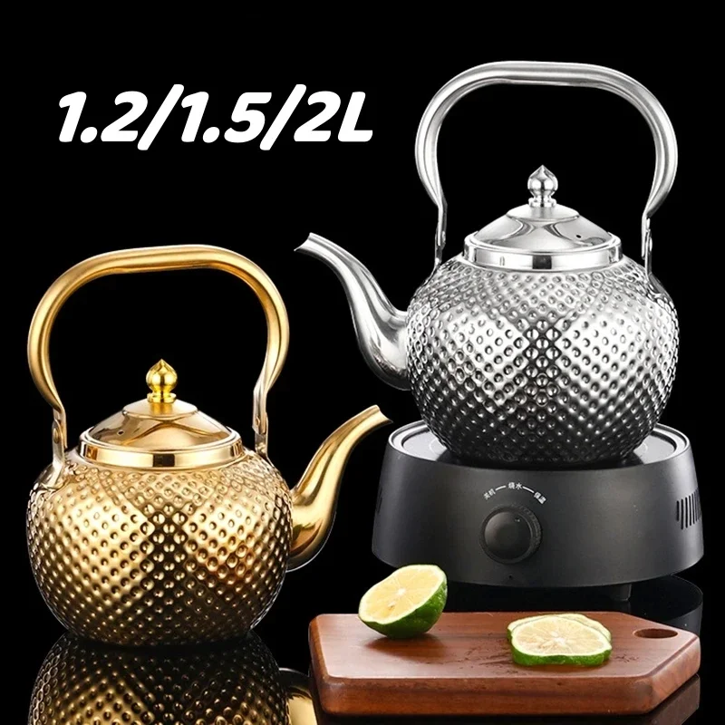 Stainless Steel Hammered Spherical Teapot, Drinkware, Induction Cooker, Stove Tea Kettles, Silver and Gold, 1.2 L, 1.5 L, 2L