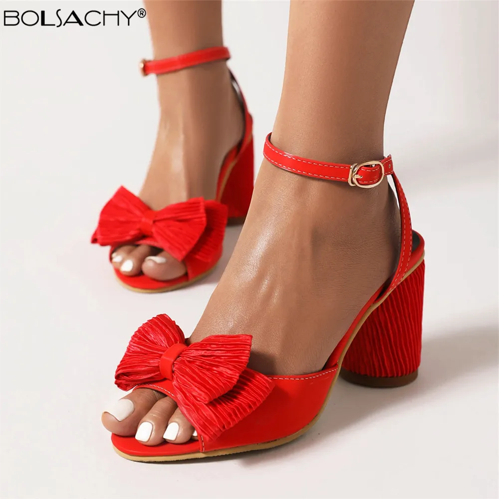 

Fashion Sexy Sandals Elegant Trendy Block High Heels Ankle Strap Peep Toe Bow Summer Party Weding Sandalias Women Shoes Red Gray