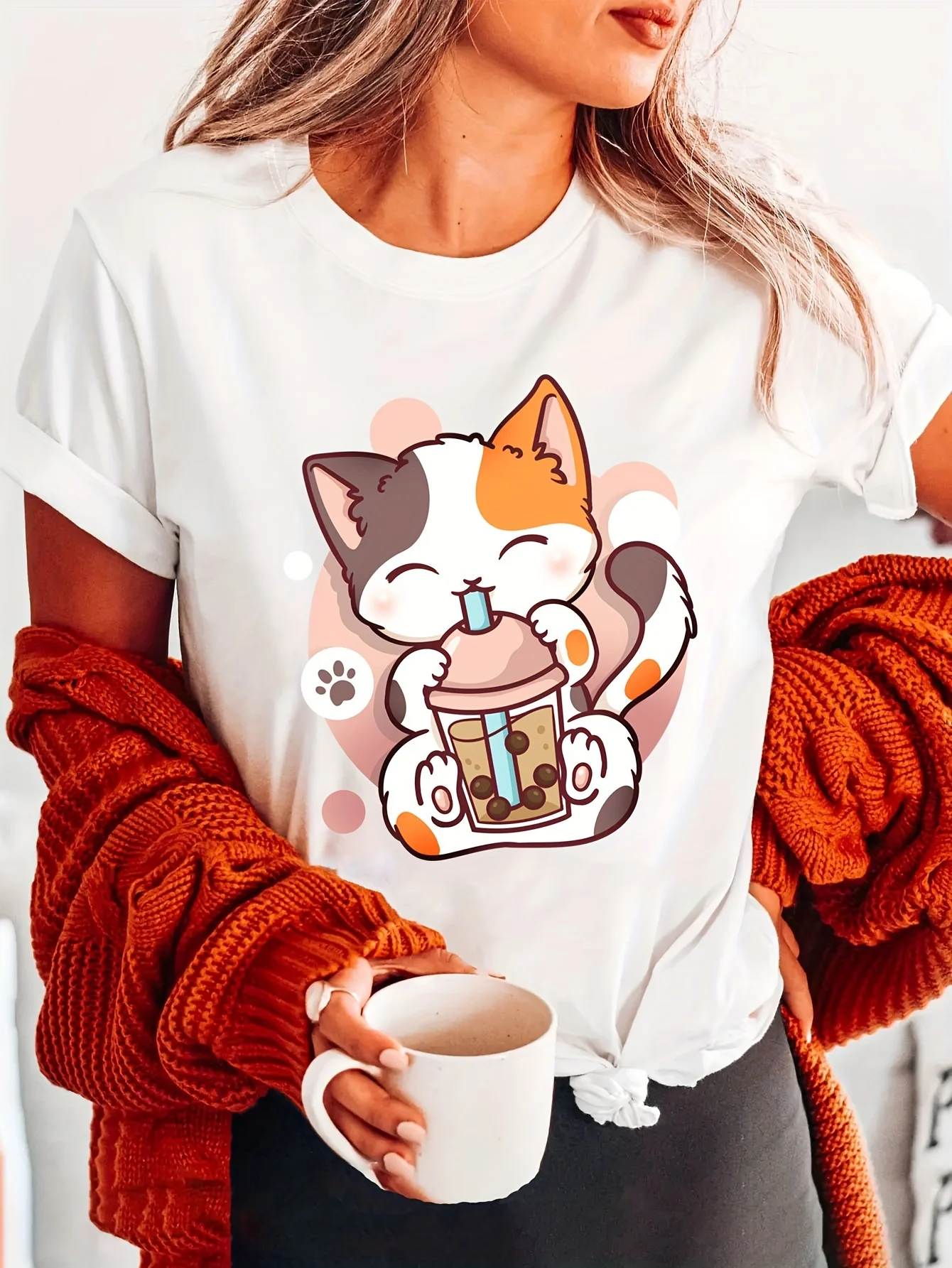 Anime Katze trinken Boba Tee Grafik TShirt atmungsaktive Ärmel Rundhals Casual Top mit Drucke Sommer Ärmeln Harajuku Streetwear