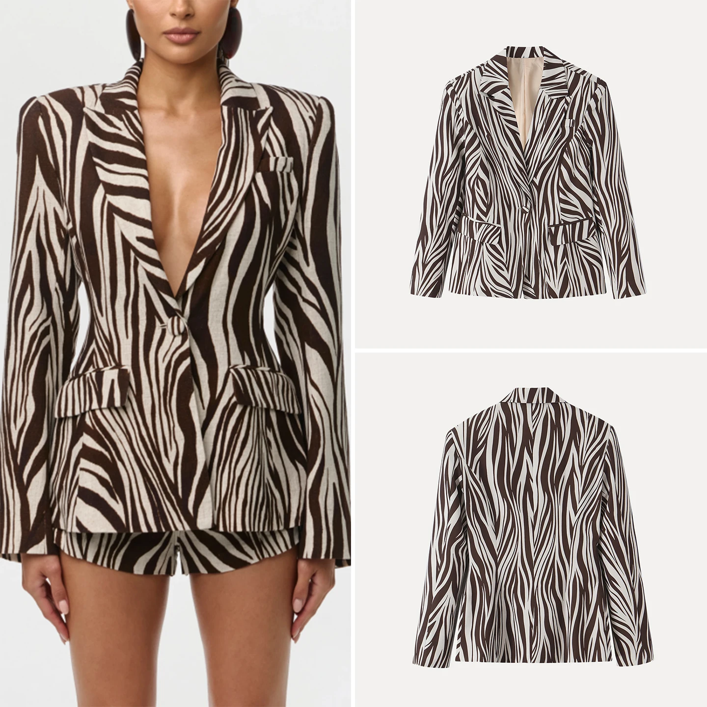 ZADATA 2026 New Summer Women's Fashion Personality Match One Button Coffee Zebra Print Suit Jacket Single Button Elegant