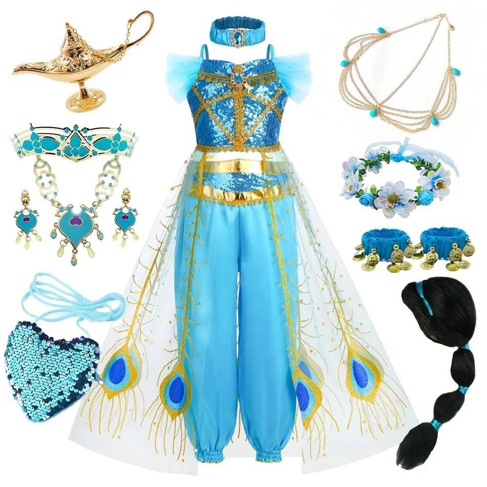 Jasmine Dress Princess Cosplay Costume Birthday Carnival Party Clothes Girl Children Role Playing Halloween Festival Clothes Set