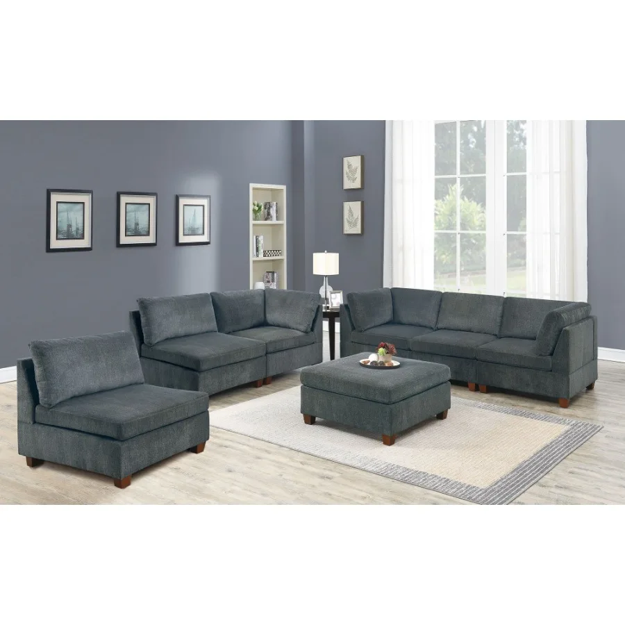 

Living Room Furniture Gray Chenille Modular Sectional 7pc Set Modular Sofa Set Couch 3x Corner Wedge 3x Armless Chairs and 1x m
