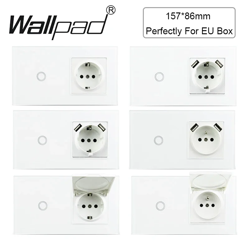 1/2/3Gang Touch Light Switches Glass Panel Wallpad  Wall Switches Home Led Power Switches Blue Backlight EU Standard Sockets