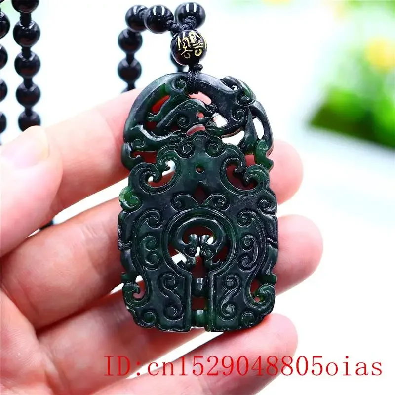 

Black Green Jade Phoenix Pendant Chinese Double-sided Gifts Jewellery Fashion Natural Amulet Carved Charm Necklace