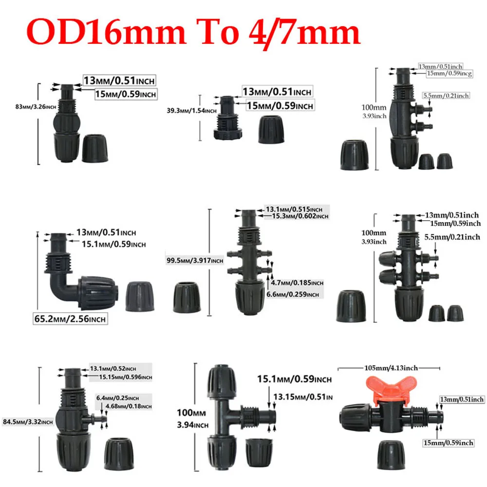 16mm 1/2 inch PE Pipe Connector Splitter Tee Coupling Lock Nut To 4/7mm 3/5mm Hose Garden Watering Drip Irrigation Fittings