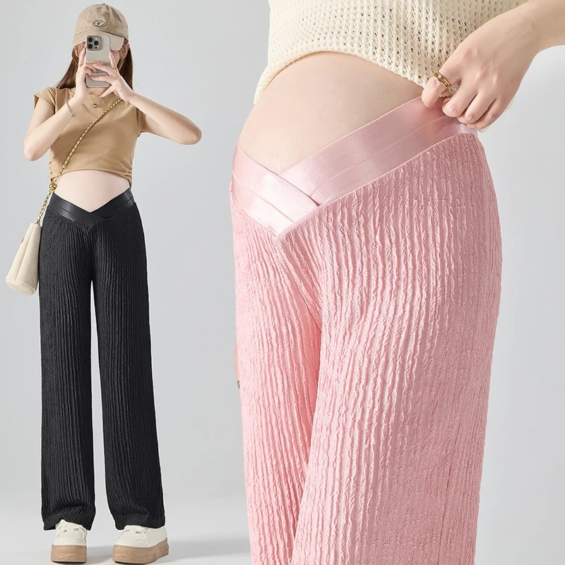 fashion-maternity-straight-trousers-pleated-pants-summer-large-size-pregnant-woman-ice-silk-pants-solid-color-ankle-length-loose