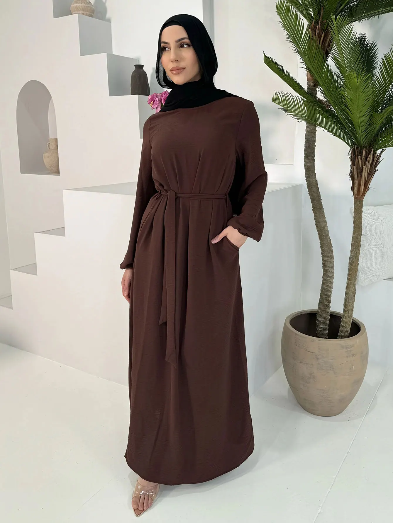 2025 Elegant Coffee Color Abaya Women Clothing Modest Dress Dubai Kaftan Islam Robe Marocain Femmes Musulmane with Belted Design
