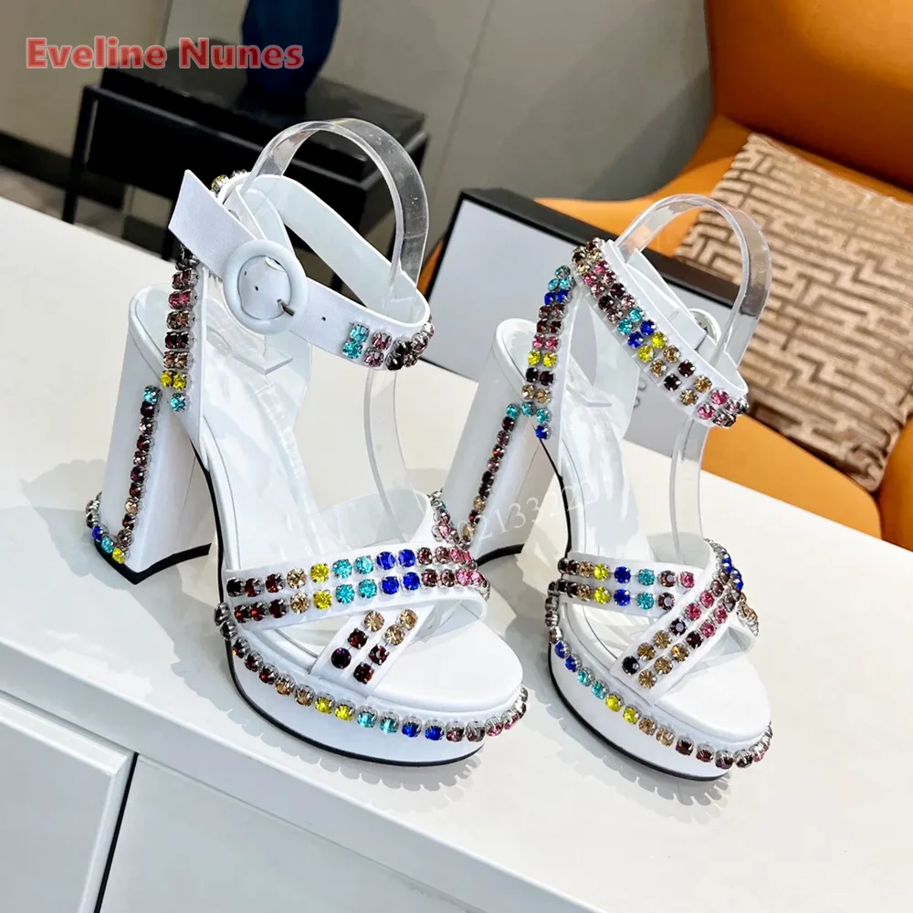 

White Platform Buckle Luxury Sandals Color Rhinestone Summer Women's Solid Chunky High Heel Round Toe Derss Sexy Party Shoes