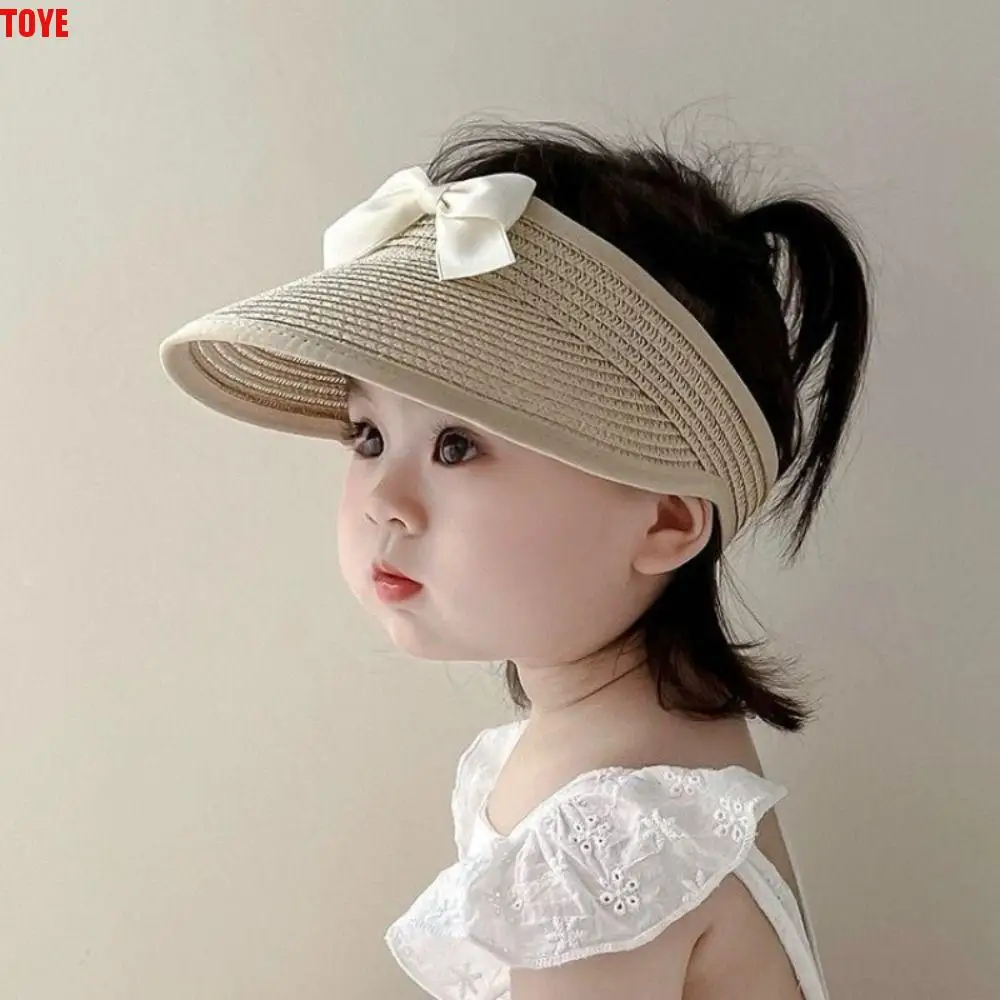 

Ins Korean Baby Straw Caps Empty Top Anti-UV Bow Straw Hat Wide Brim Sun Protection Visor Cap 5-36 Months