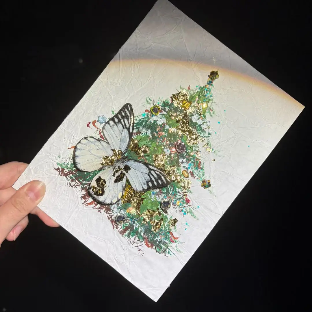 2151 Unique Handmade Christmas Tree with White Butterfly Framed Art Resin Craft Hand Painted Holiday Decor Creative Christmas