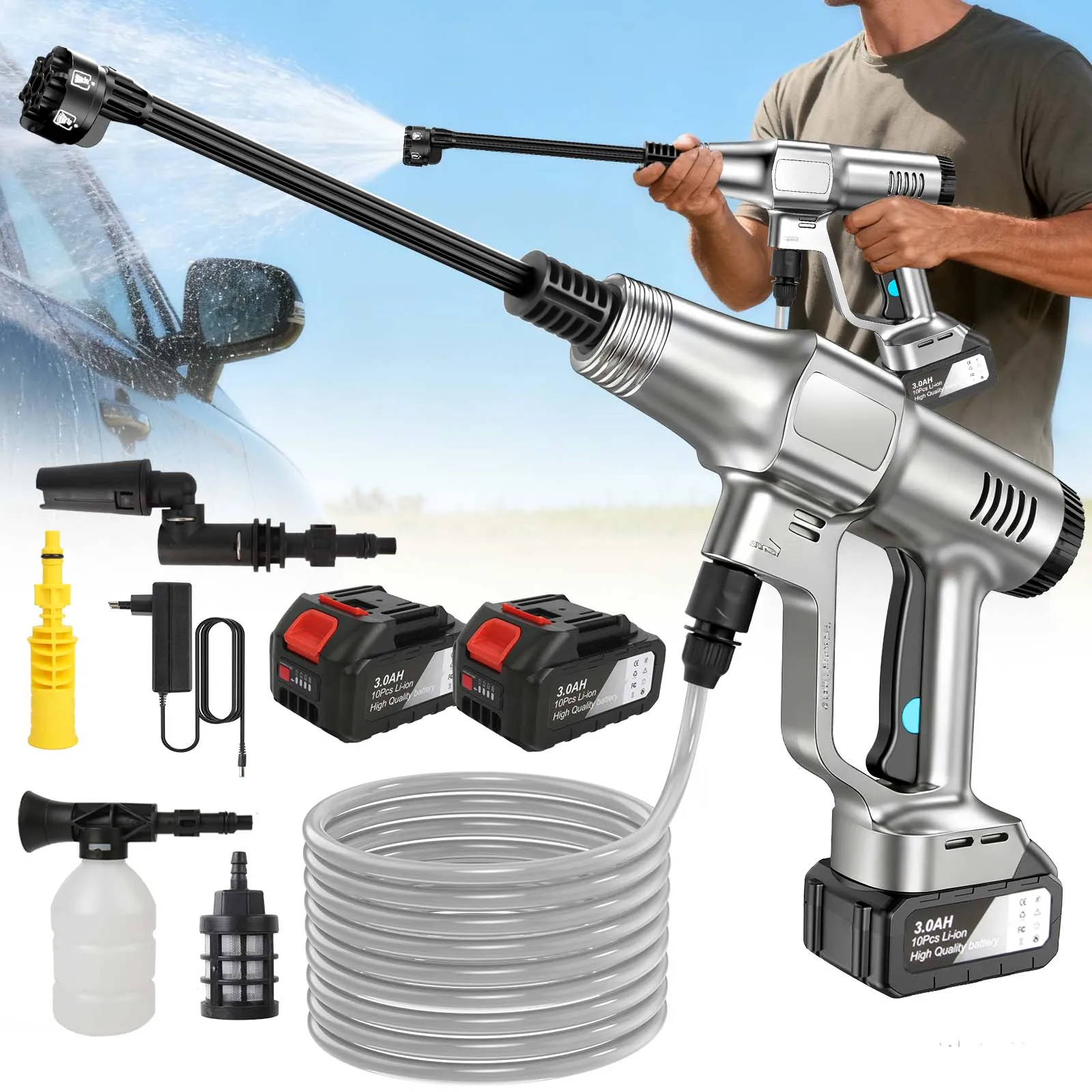 Nettoyeur haute pression 6-en-1 200 bars, pistolet de lavage de voiture sans balais à 3 vitesses, machine de nettoyage, pistolet de pulvérisation de jardin avec tuyau de 5 m, batterie 18 V