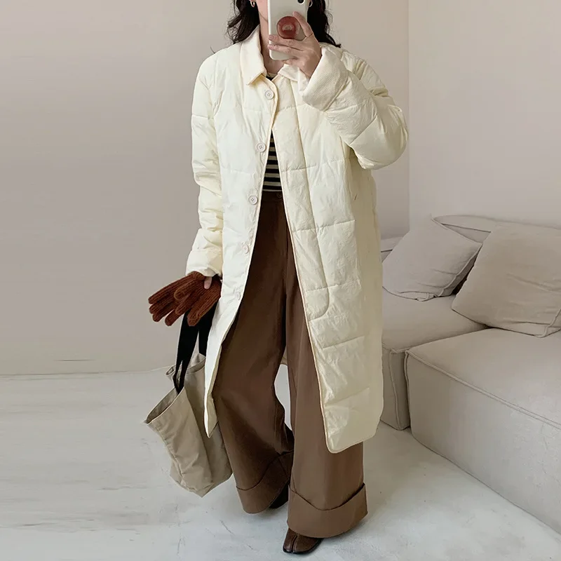 Down Cotton Jacket for Women, Long Style, Over The Knee, Winter New Style, Lightweight Inch Shirt Collar, Loose Cotton Jacket