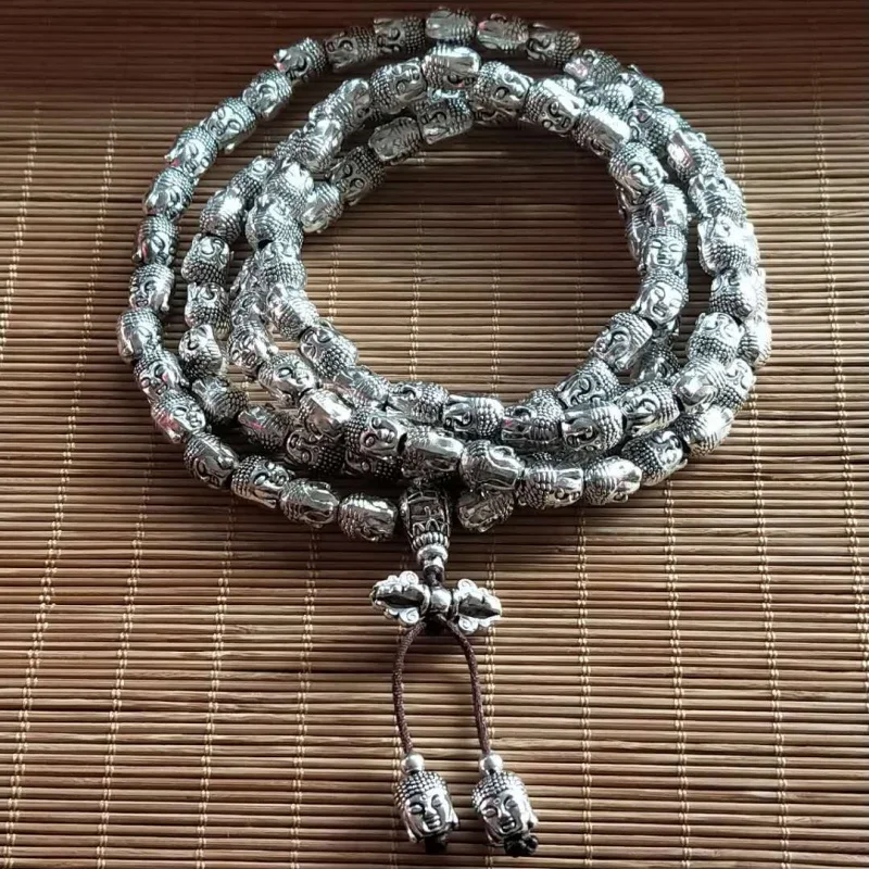 

Винтажное тибетское серебряное ожерелье Мяо с 108 бусинами, двустороннее, с изображением Будды Шакьямуни, унисекс