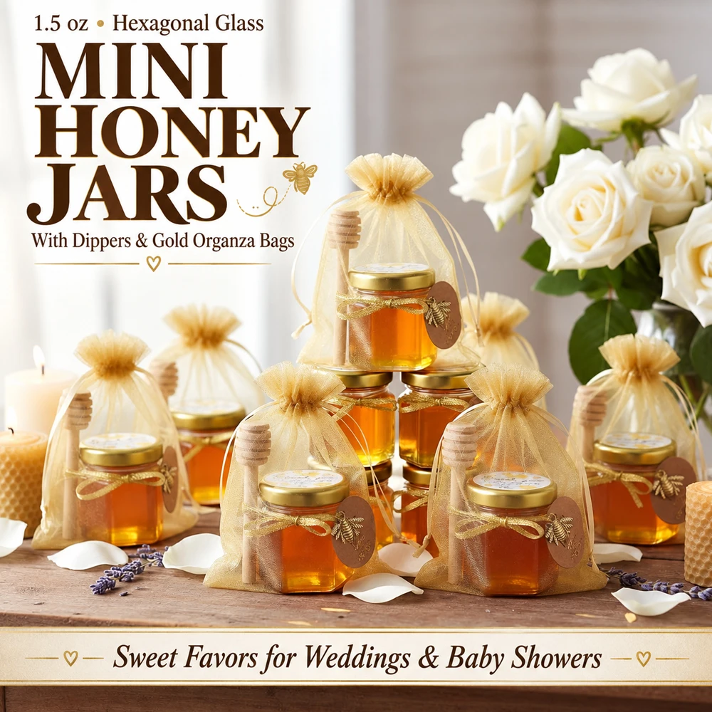 Mini Honey Jars, Hexagon Little Glass Hoeny Jars, 1.5oz w/ Wooden Dippers, Bee Charms and Jutes Small Honey Jars for Baby Shower