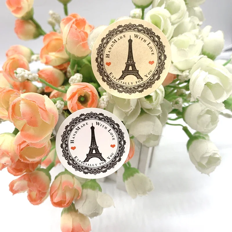 100pcs/pack Round Handmade With Love Sealing Label DIY Gift Stickers  Stickers Tower Two Design New Products