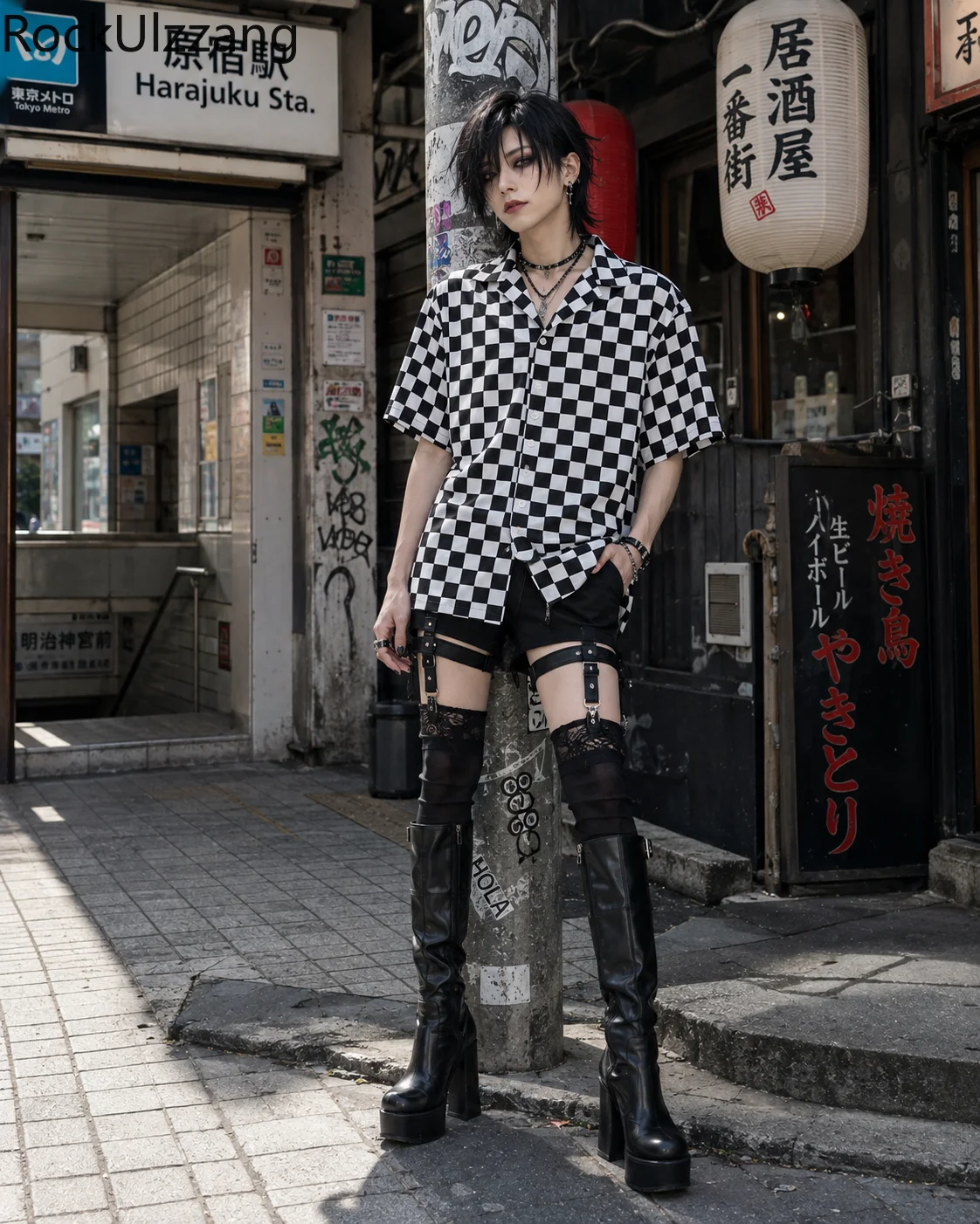 Unisex Black White Checkered Shirt Oversized Short Sleeve Button Up Top Y2K Harajuku Streetwear Gothic Punk Casual Summer Blouse