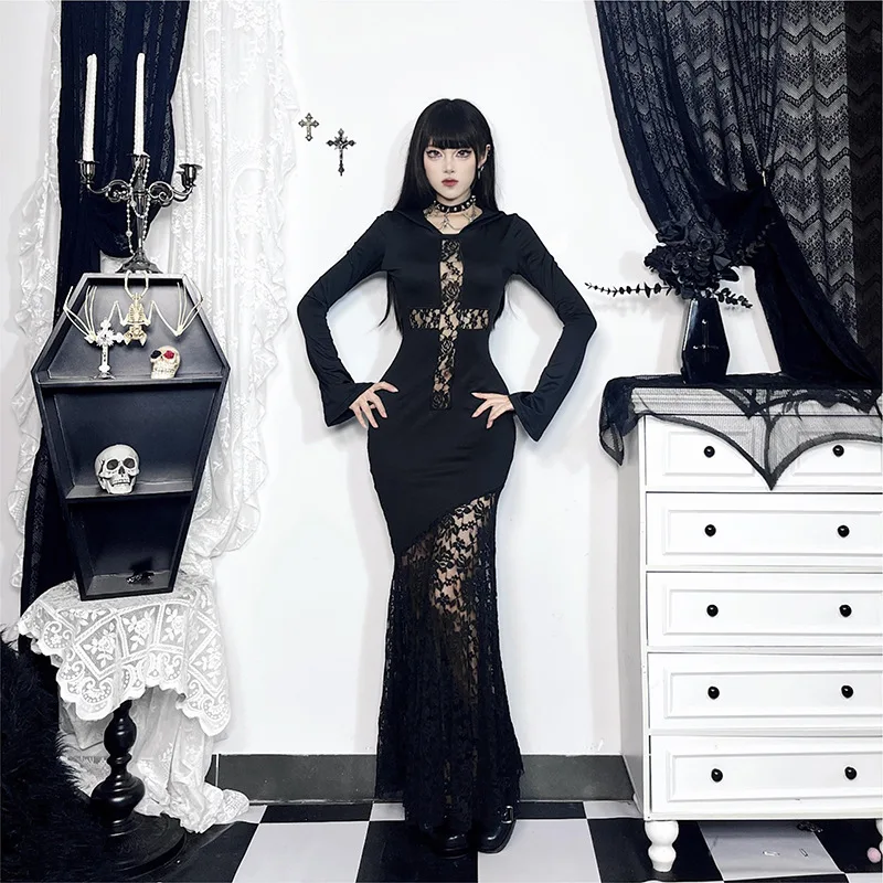 ONE TO WAN Goth Dark Elegant Damen Kapuzenkleid Mall Gothic Kreuz Ausgeschnittene Spitze Gespleißtes Party Acubi Sexy Bodycon Kleider Slim – Detail 7