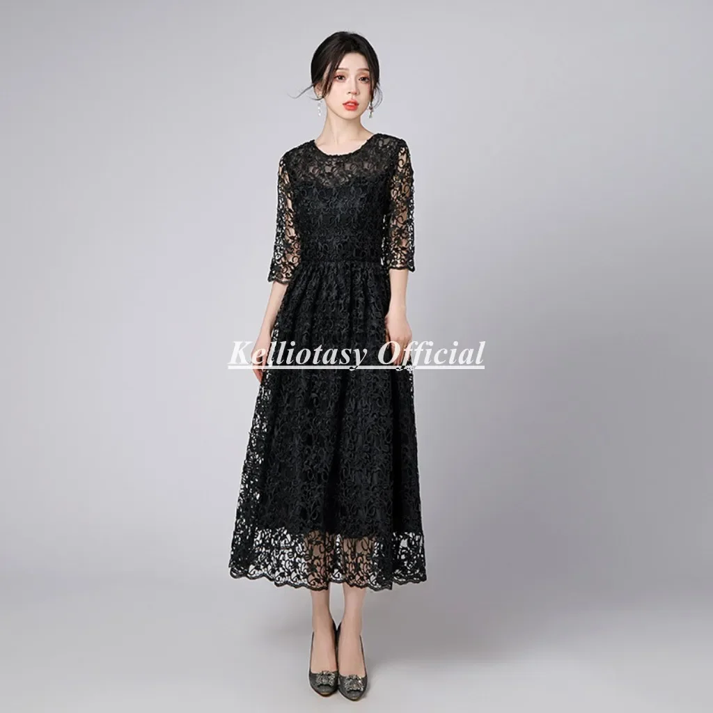 Vestido de encaje hermoso personalizado para madre de la novia, vestido clásico de talla grande negro para madre de la novia, longitud del té YSM142