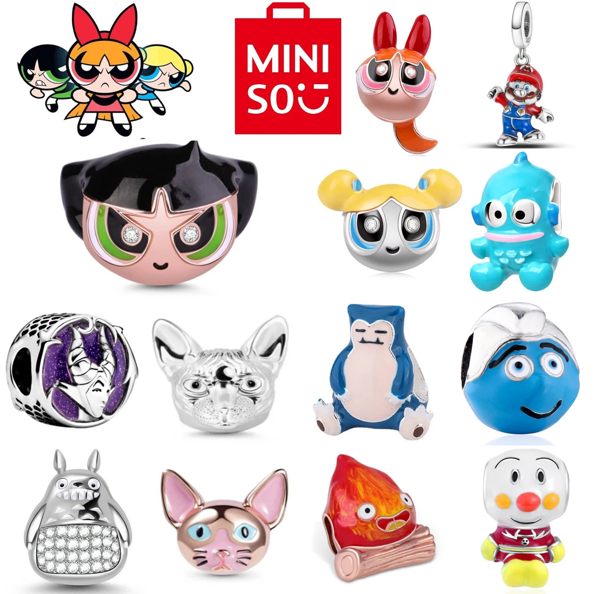 

Miniso The Powerpuff Girls Beads Blossom Bubbles Buttercup 925 Silver Charm DIY Pendant Jewelry Gift Fit Original Bracelet Women