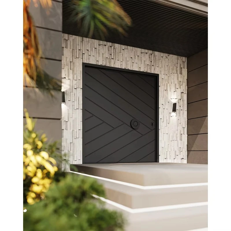 Matte black wrought iron front door with artistic handle for house decoration and security