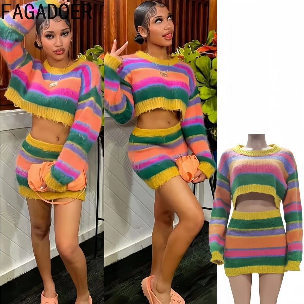 

FAGADOER Casual Striped Knitting Women Colorful Patchwork Long Sleeve Crop Top and Bodycon Skirt Two Piece Sets 2pcs Outfits new