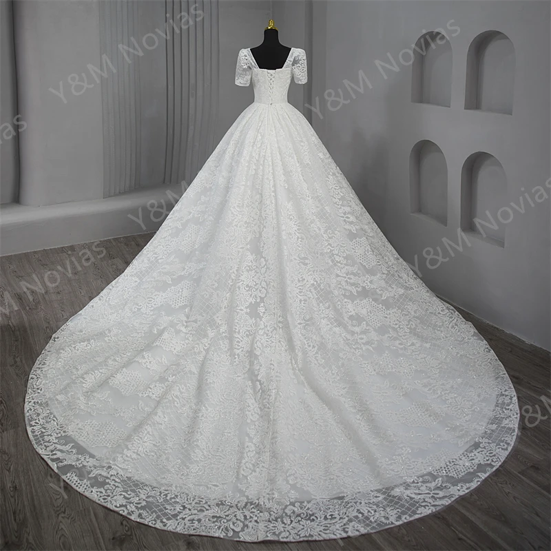 Hot Sale Real Video Sample Princess Glitter Wedding Dresses Short Sleeve Bridal Gown France Robe De Soiree Custom Pluse size