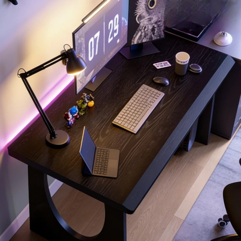 Black solid wood e-sports table, double computer table, desktop home desk, e-sports room, couple two-person desk