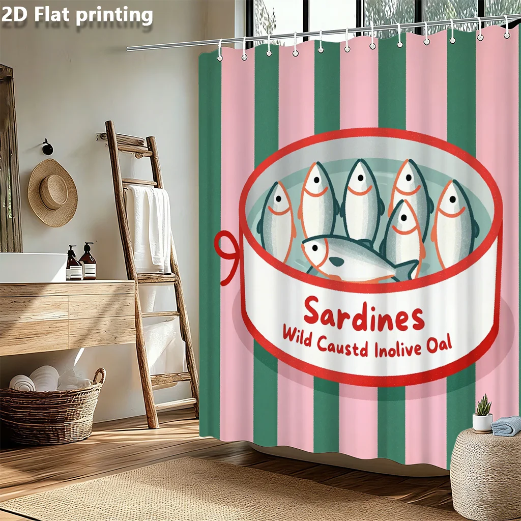 

Sardines in Can Shower Curtain – Retro Pink & Green Stripes, 12 Grommets, Machine Washable, Whimsical Kitchen or Bathroom Decor