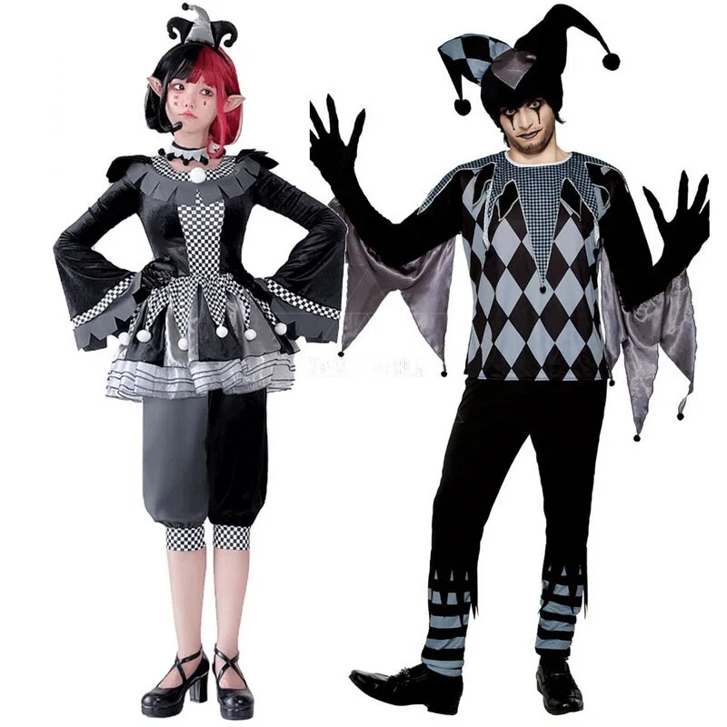 

Halloween Adult Couple Clown Cosplay Set Black White Ghost Clown Stage Performance Costumes for Men Women
