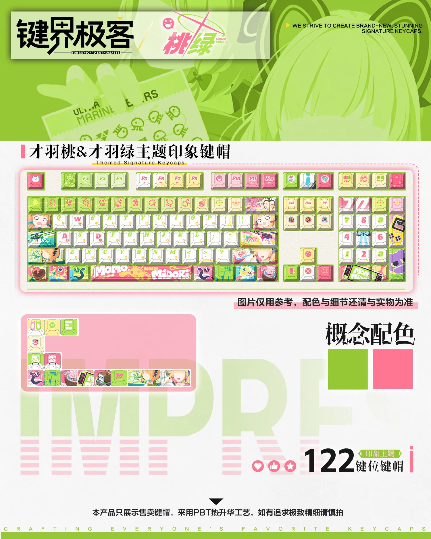 Saiba Momoi Midori 122 PBT Keycap Blue Archive DYE Sublimation Key Cover Cherry Cross MX Switch for Mechanical Keyboard JJJK