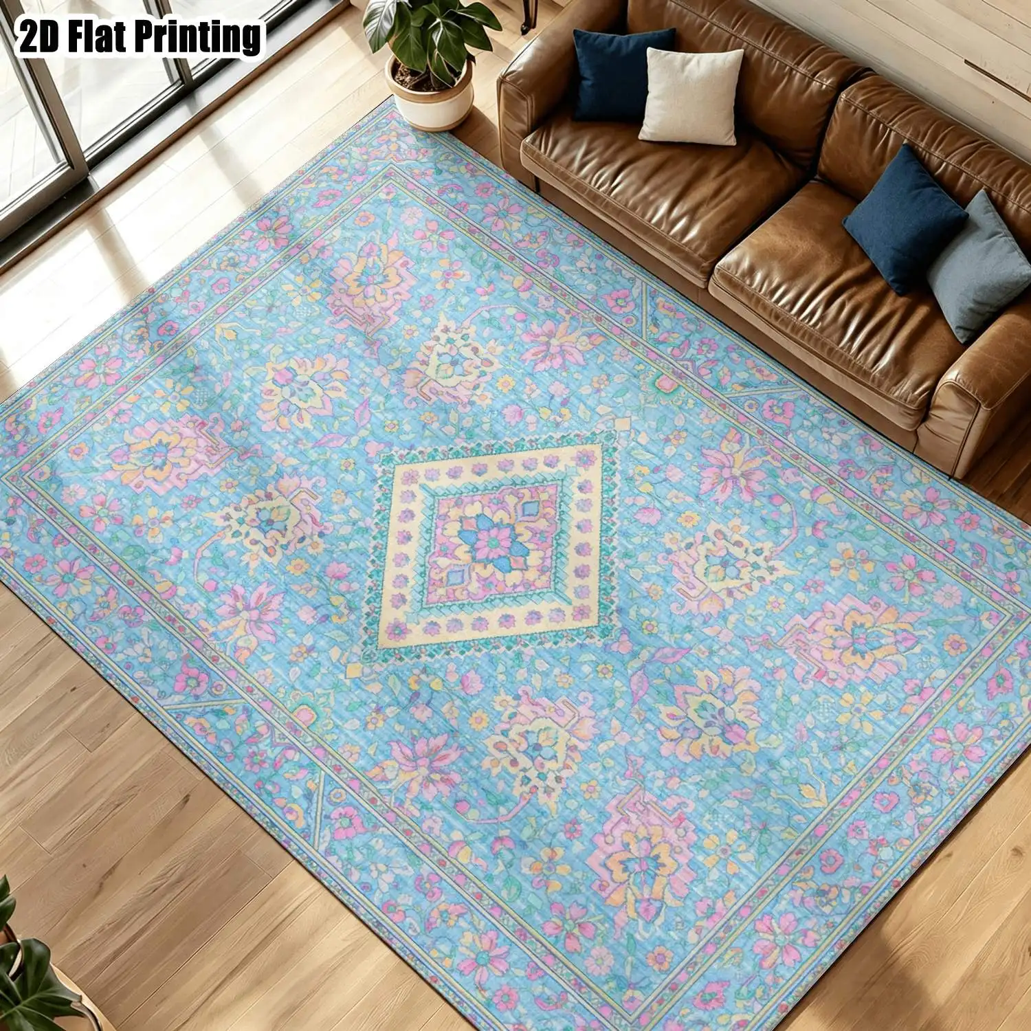 1Pc 2D Printed Carpet: Light Blue Pink Floral Pattern, Machine Washable, Multi-Size, Suitable for European/Bohemian/Geometric Style, Home Decor, Entrance/Dining Room/Foyer/Bedroom/Living Room Use