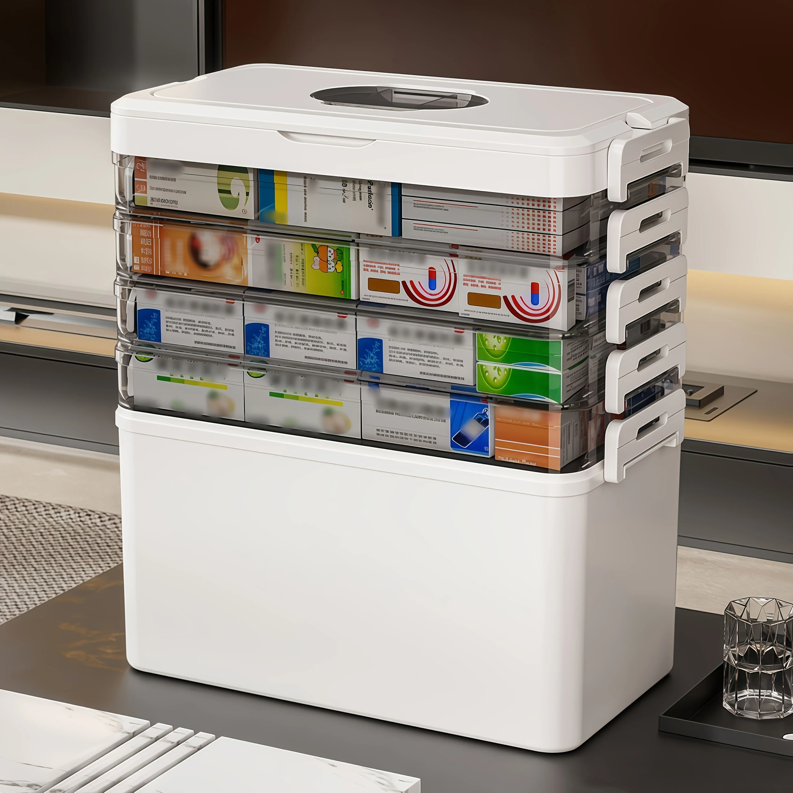 Large Capacity Multi-Layer Transparent Medicine Storage Box/Top Compartment with Dispenser - Multi-Purpose Organizer Box for Home, Office, Kitchen, Bathroom, Bedroom - Space-Saving Countertop Organizer for Medicines, Office Supplies - Modern White Design, Medicine Storage Box, Home Storage, Modern Design, Sturdy Structure, Home Organization Supplies, Back-To-School, Travel Carry-On
