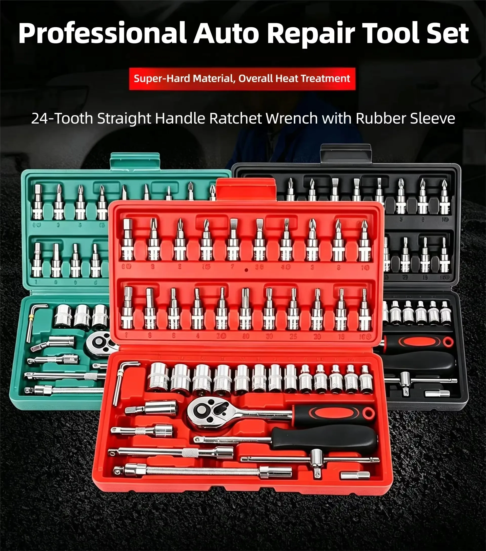 46Pcs 1/4 Drive Socket Ratchet Wrench Set, Metric Bit Sockets & Extension Bar, Portable Hand Kit Vehicle Auto Repair