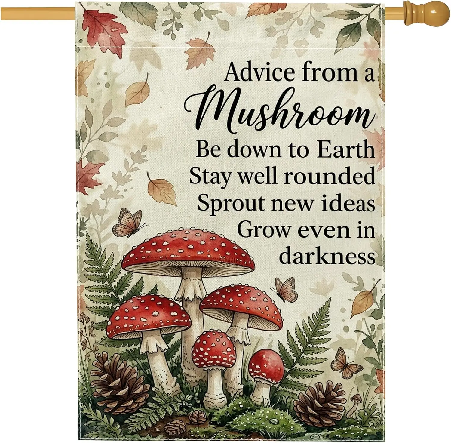 Mushroom House Flag, Fall Rustic Leaves Butterfly Fall Green Burlap Double Sided Outside Large Garden Flag for Outdoor Patio MMZ