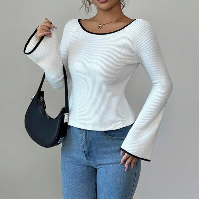 

Fashion Women's Long Sleeve T-Shirt 2026 New Elastic Lace-Up Bottom Pullover
