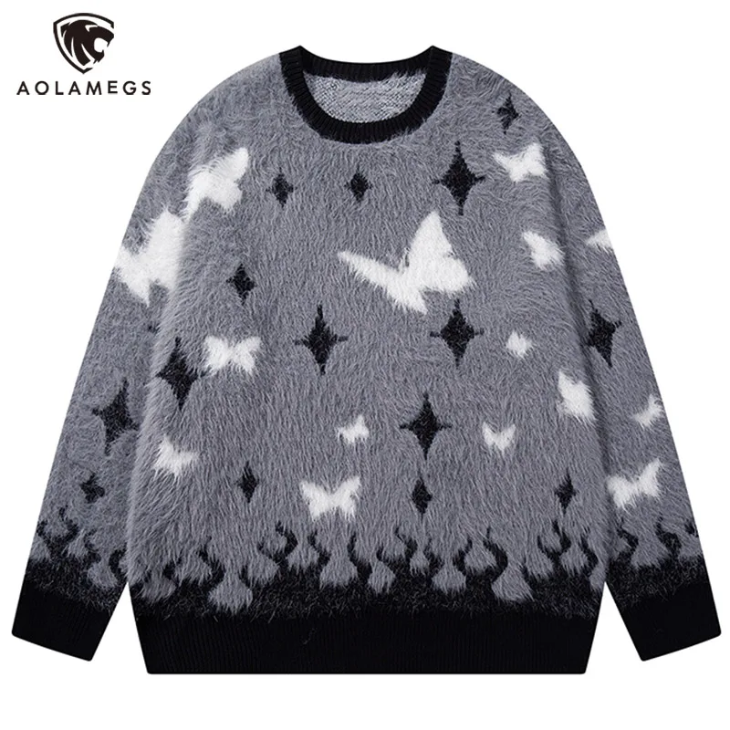 Men Japanese Retro Butterfly Print Fuzzy Sweater Contrasting Fleece Knitwear High Street Oversize Loose Couple Pullovers Y2K Top