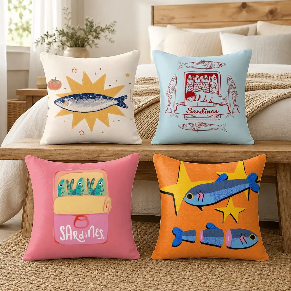 Sardines Art Cushion Cover Soft Short Plush Pillow Cover Smooth Cozy Texture Cushion Case Home Decor