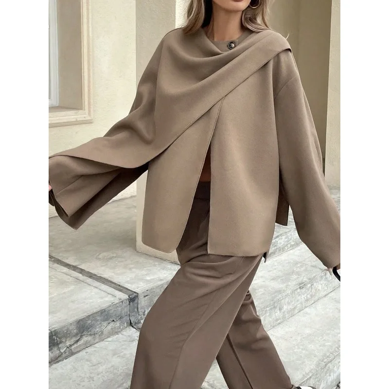 

Tinaa Autumn Winter Women's Brown Jackets 2025 Stylish Coats Loose Fit O Neck Solid Color Outerwear Women Clothing 190985