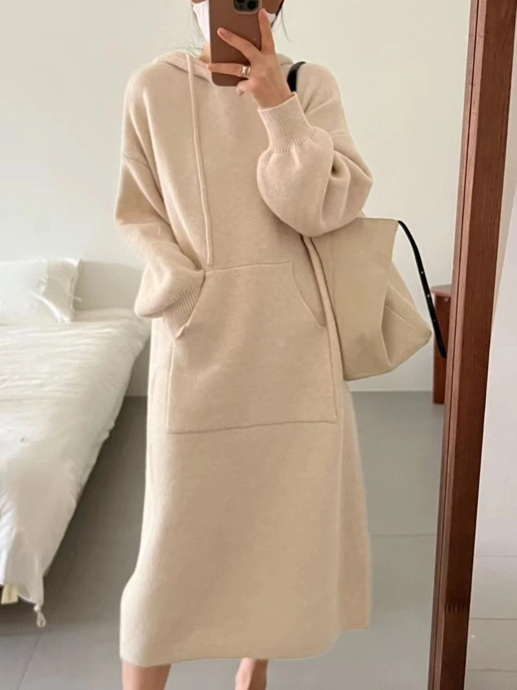 Jesienno-zimowe bluzy z kapturem, sukienki swetrowe dla kobiet, modne sukienki midi z koronkowym wiązaniem na dole, z kapturem, długie sukienki, ciepłe, codzienne, luźne bluzy.