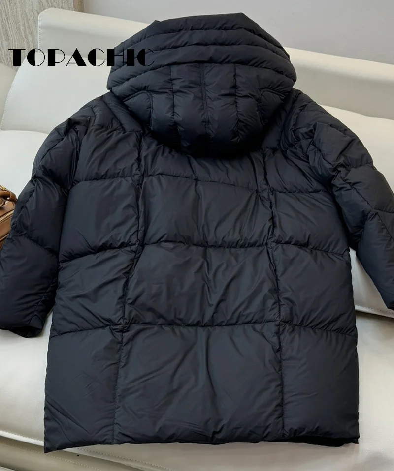 8.28 TOPACHIC Women Autumn Winter New Hat Detachable Mid-Length Down Jacket Zipper Pocket Design Loose Goose Down Outerwear