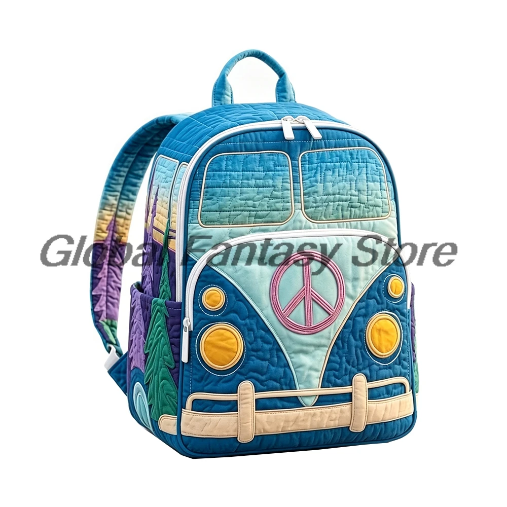 Hippie Van Quilted Backpack Peace Sign Vintage Print Daypack Travel Bag Women Men Outdoor Packsack
