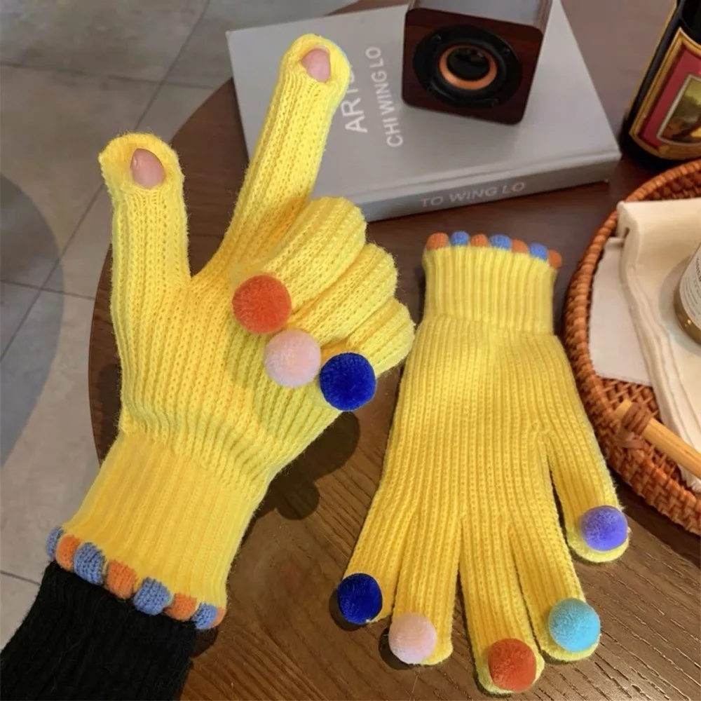 Warm Candy Pom Pom Knit Gloves Candy Color Hand Warmers Winter Cold Proof Knitted Gloves Knitted Cycling