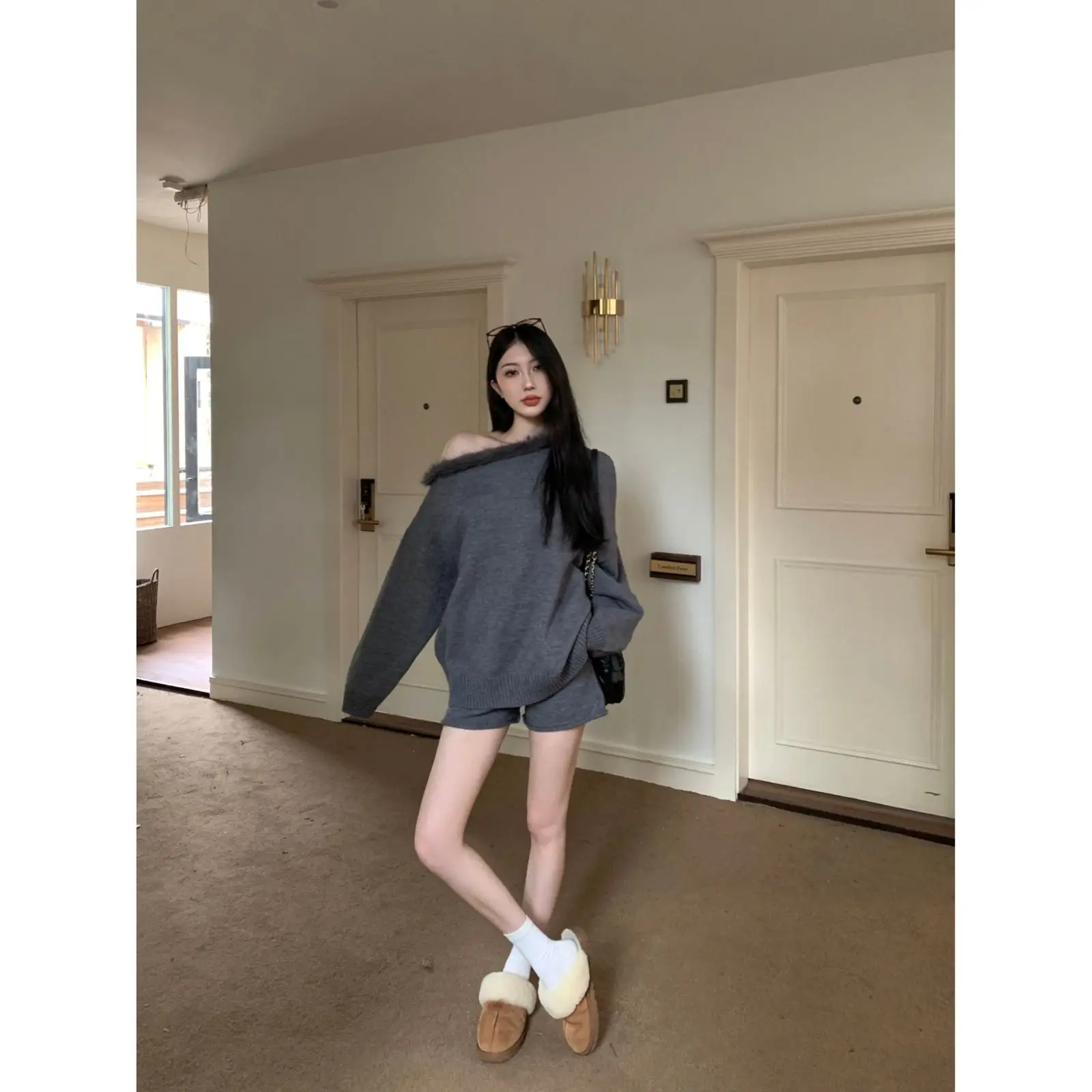 Korejpaa Casual Fur Collar Slanted Shoulder Pullover Sweater Short Sets Women Autumn Fashion Gray Knitted Shorts Two Piece Set
