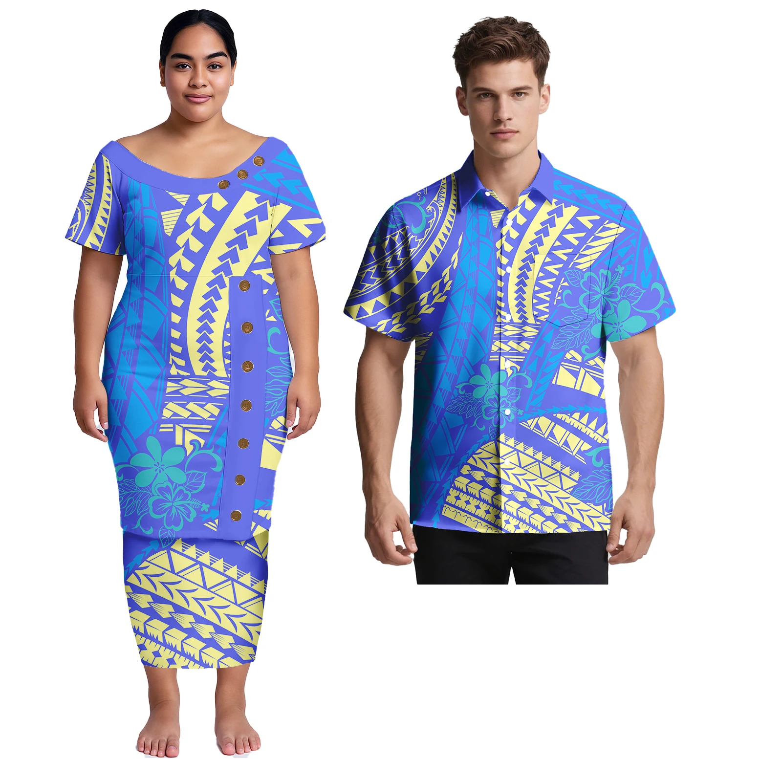 Coppia di vestiti Isand Style Design Samoano Taglie forti Aloha Camicia da uomo abbinata al vestito puletasi hawaiano femminile