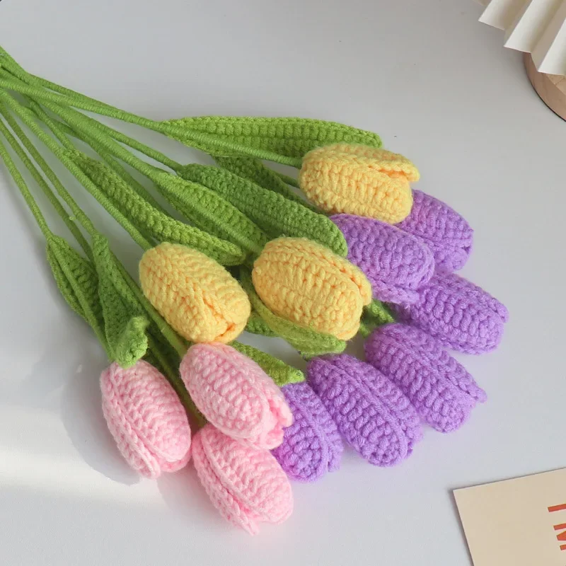 1pc Crochet Tulips Flower Colorful Finished Knitted Flowers Creative Artificial Tulips Bouquet Wedding Party Home Decor